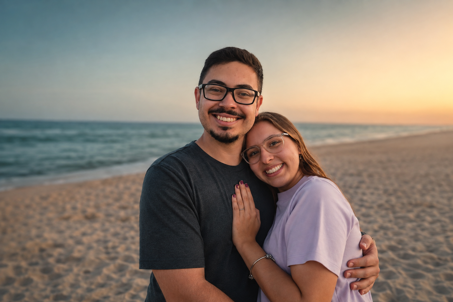 Enzo e Sofia abraçados na praia