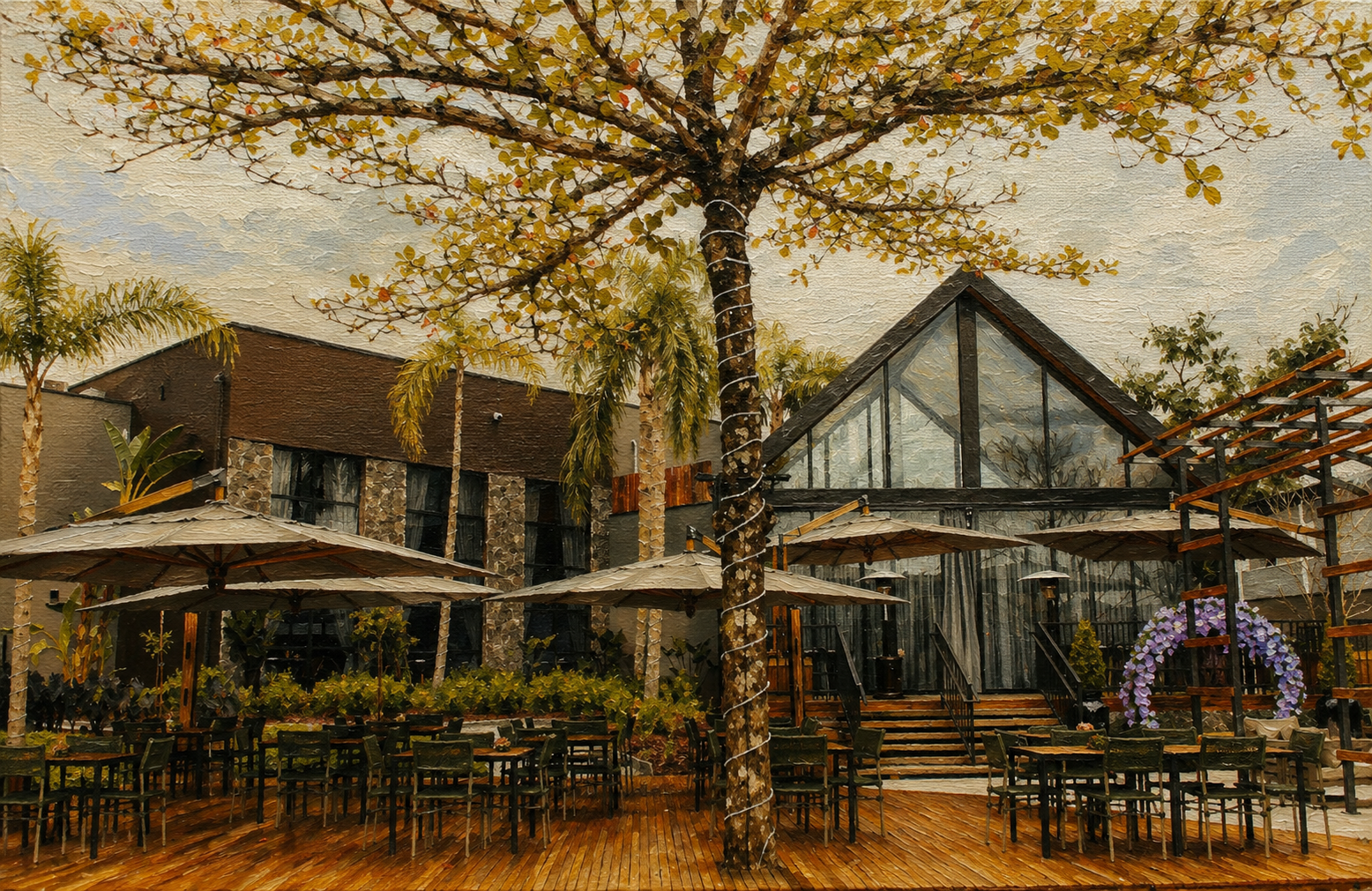 Área externa do Villaggio di Cedro, com árvores, deck e salão envidraçado